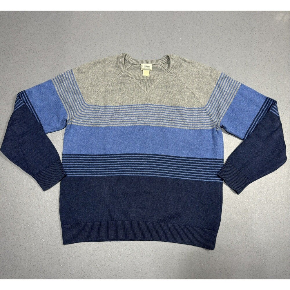 LL Bean Cotton Cashmere Sweater Mens Large Grey Blue Colorblock Striped Pullover